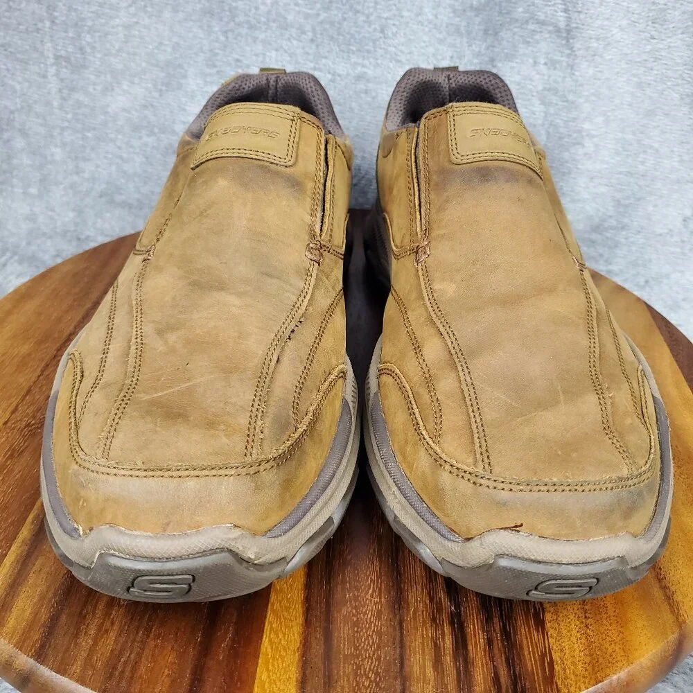 Skechers Shoes Mens 13 Brown Leather Slip On Bike Toe Comfort Relaxed Fit Casual_2